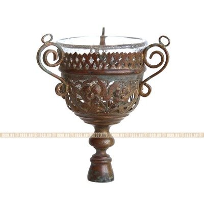 Латунная подвесная старинная лампада со стаканчиком из прозрачного стекла. Россия 1890-1917 год