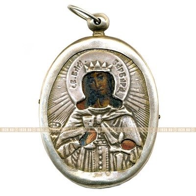 Маленькая старинная икона в серебряном окладе Святая великомученица Варвара, царская проба серебра 84 и именник мастера 