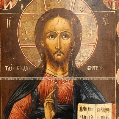 Большая заказная старинная икона 19 века Господь Вседержитель с избранными святыми 48см.