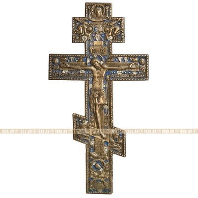 Очень большое 37 см старинное бронзовое распятие или Крест моленный настенный с молитвой на обороте. Россия XIX век.