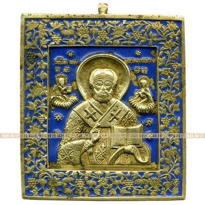 Старинная бронзовая православная икона 19 века в эмалях Святой Николай Чудотворец