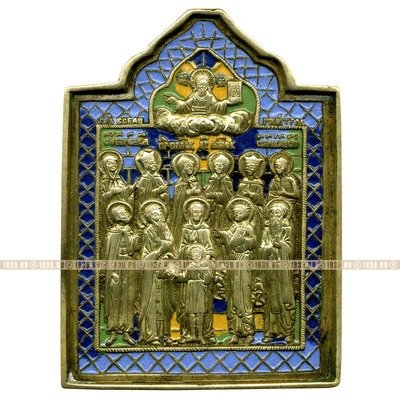 Старинная литая икона с 12 избранными святыми, в пяти эмалях. Русское медное литье 19 века.