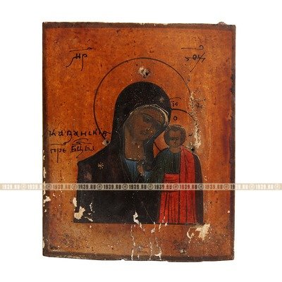 Старинная икона 19 века Богородица Казанская в ажурном окладе, иконописные мастерские Холуй.