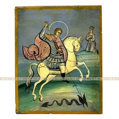 Миниатюрная старинная пядничная икона 19 века Святой Георгий Победоносец, покровитель Москвы и ее жителей.