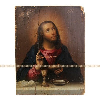 Старинная икона академического письма Господь Иисус Христос с хлебом и вином, Россия 19 век.
