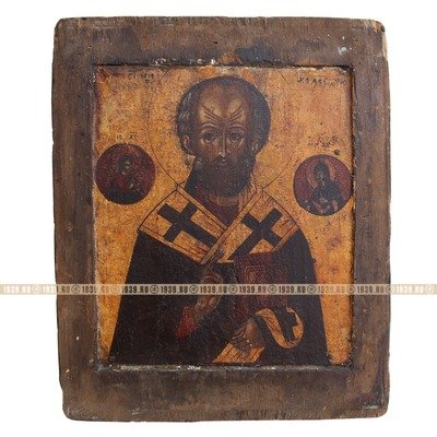 Старинная икона святого Николая Чудотворца с ковчегом в архаичном стиле. Россия 19 век.