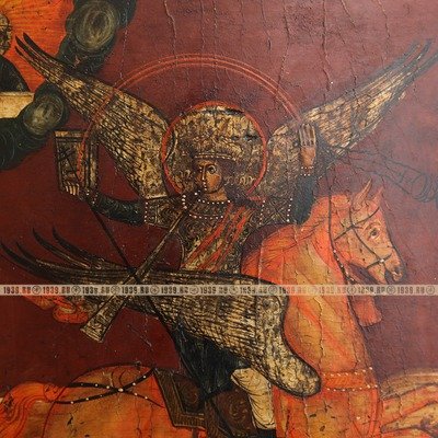 Старинная икона Образ Святого Архангела Михаила с избранным святым Кондратом. Россия XIX век.