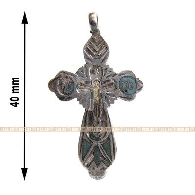 Старинный нательный серебряный крестик 84 пробы времен Царской России, бирюзовая эмаль.