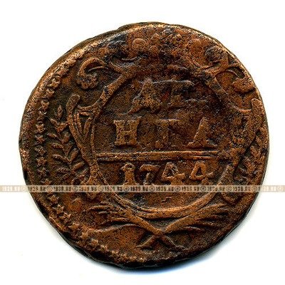 Старинная русская медная монета Деньга 1744 г