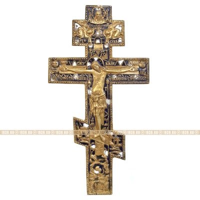 Очень большое 36 см старинное бронзовое распятие или Крест моленный настенный с молитвой на обороте. Россия XIX век.