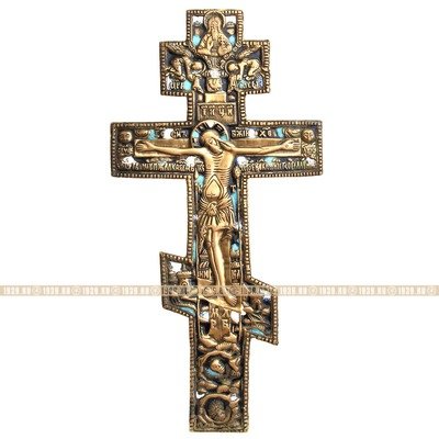 Очень большое 34 см старинное бронзовое распятие или Крест моленный настенный с молитвой на обороте. Россия XIX век.
