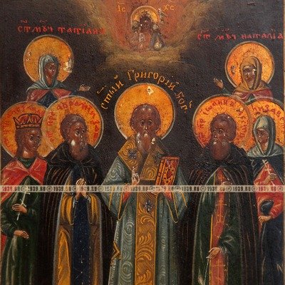 Старинная семейная именная  икона святые Григорий, Татьяна, Наталья, Елизавета, Александра и Иоанн. Россия июнь 1873 года.
