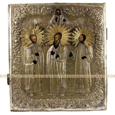 Старинная деревянная икона в латунном окладе святые мученики Самон, Гурий, Авив. Россия XIX век.