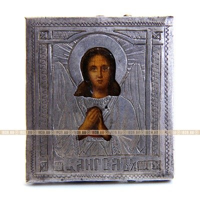 Старинная иконка в серебряном окладе Ангел-Хранитель, оклад серебро 84 проба 