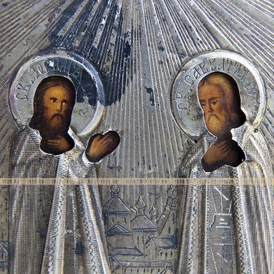 Старинная иконка в серебряном окладе святые Чудотворцы Зосима и Савватий Соловецкие, оклад серебро 84 проба 