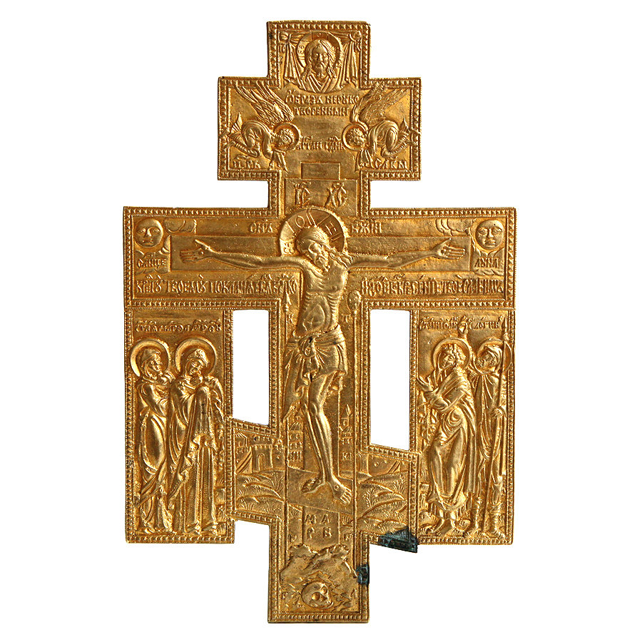 Старинный бронзовый крест Распятие Христово с предстоящими святыми, золочение. Россия 1860-1890 год
