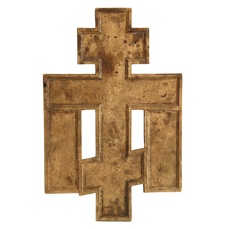 Старинный бронзовый крест Распятие Христово с предстоящими святыми, золочение. Россия 1860-1890 год