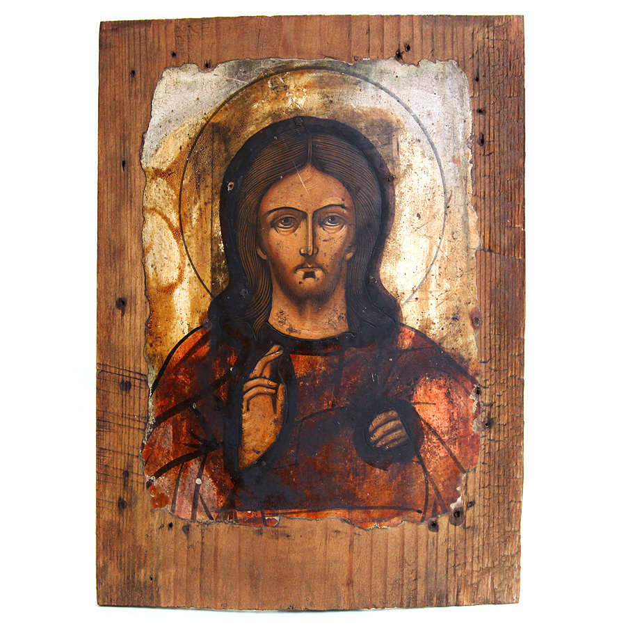 Старинная икона на щепе Господь Вседержитель. Россия 1880-1890 год