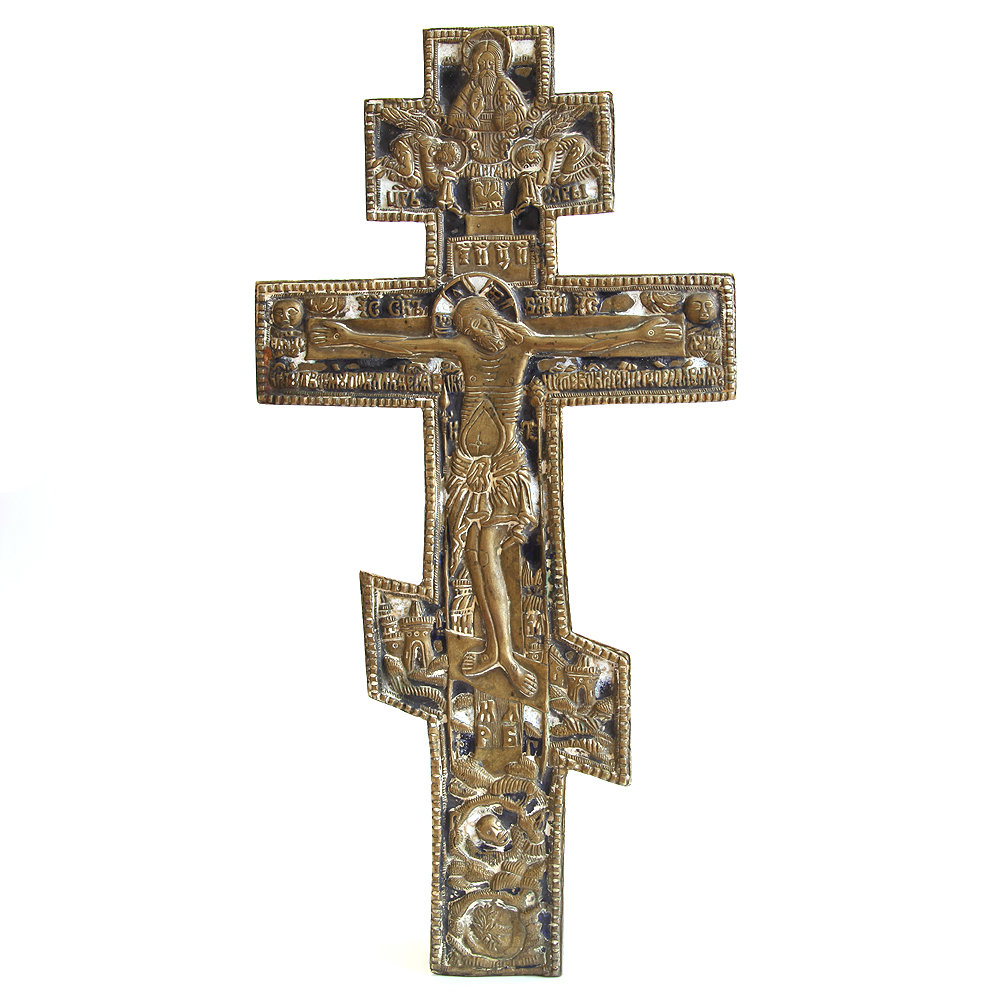 Очень большое 34 см старинное бронзовое распятие или Крест моленный настенный с молитвой на обороте. Россия 1840-1860 год