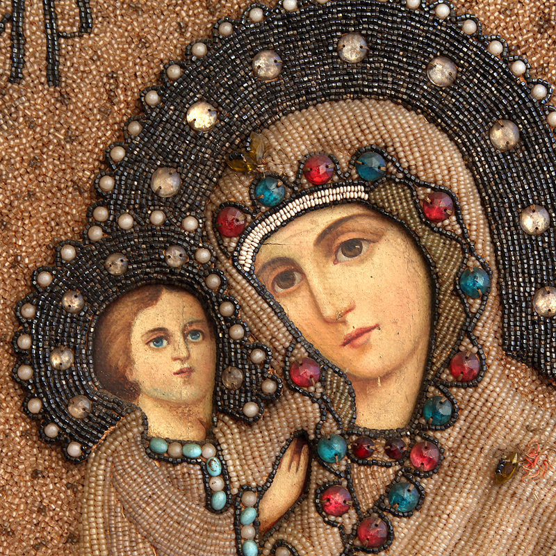 Редкая старинная икона Иерусалимская Божья Матерь в окладе расшитом бисером. Святая Земля, Елеонский монастырь 1906-1914 годы.