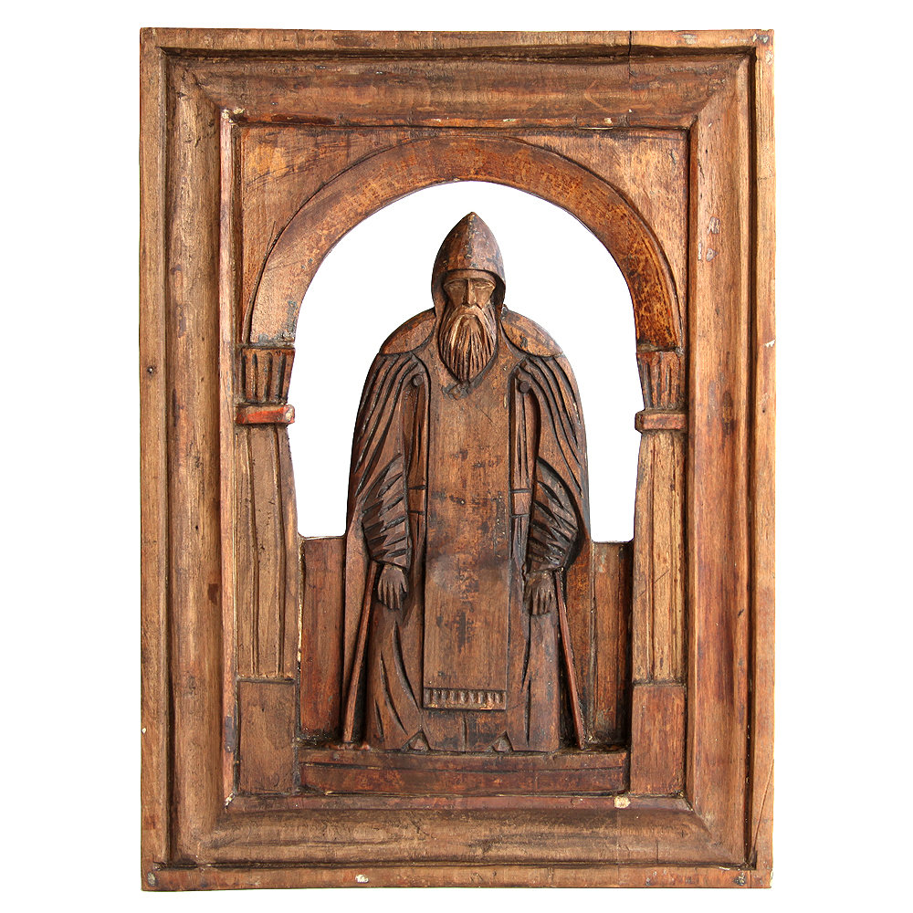 Крупная резная деревянная икона святой Преподобный Нил Столобенский. Россия, Нилова Пустынь 1860-1890 год
