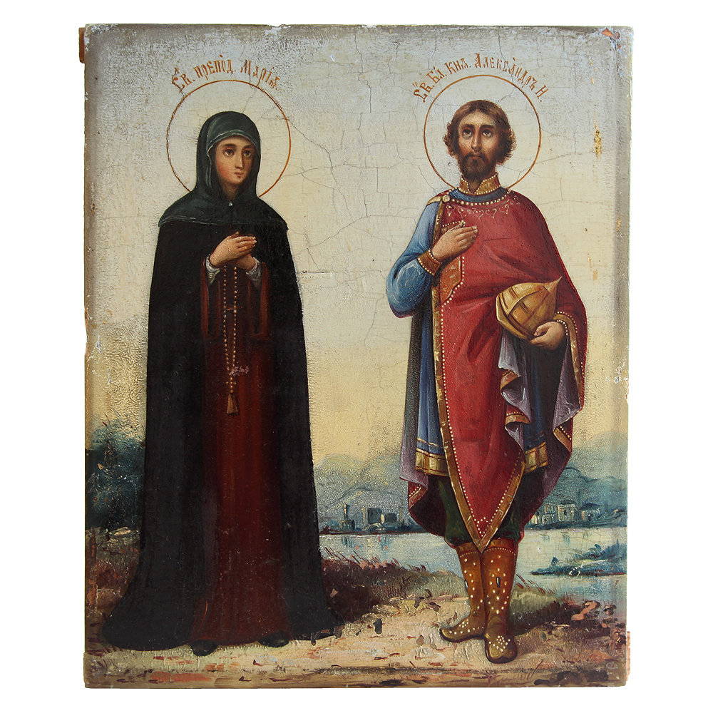 Старинная икона Святой Александр Невский и Святая Мария Радонежская. Россия, Москва 1890-1910 год