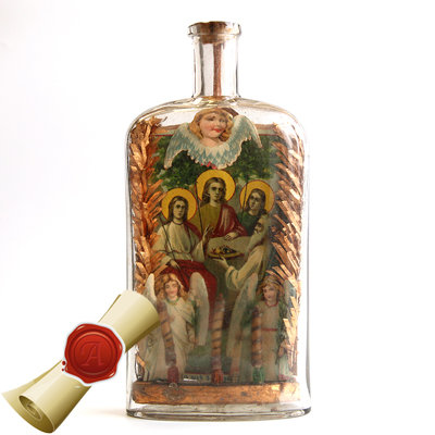Старинный стеклянный бутылка-штоф с иконами Святая Троица и Неопалимая Купина. Россия, Троице-Сергиева Лавра 1890-1900 год