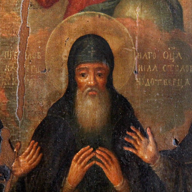 Старинная икона монастырского письма - Святой Нил Столобенский с Зосимой и Савватием Соловецкими. Россия, XVIII век.