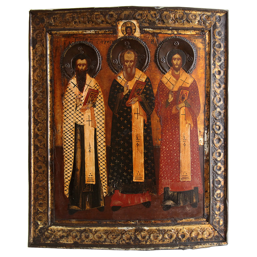 Старинная икона Три Вселенских Святителя и учителя, 