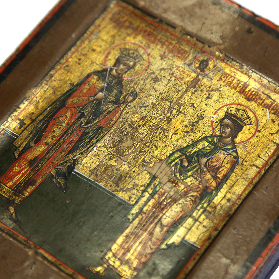 Старинная женская икона с образами Святой Екатерины Александрийской и Святой Варвары Илиопольской. Россия 1850-1860 год
