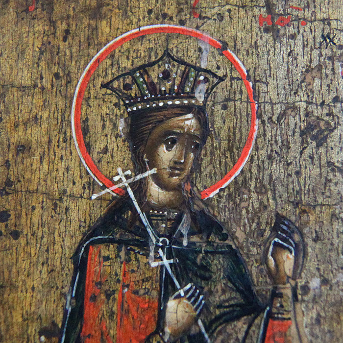 Старинная женская икона с образами Святой Екатерины Александрийской и Святой Варвары Илиопольской. Россия 1850-1860 год