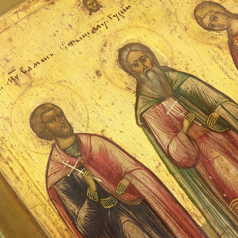 Старинная икона для сохранения семьи и семейного счастья святые мученики и исповедники Гурий, Самон и Авив, икона в подарок на свадьбу. Россия, Мстера, XIX век, DR0292.