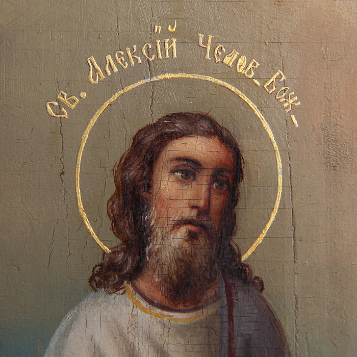 Старинная икона Святой Алексей Человек Божий, святая мученица Вера и святая Евлампия. Россия 1860-1880 год