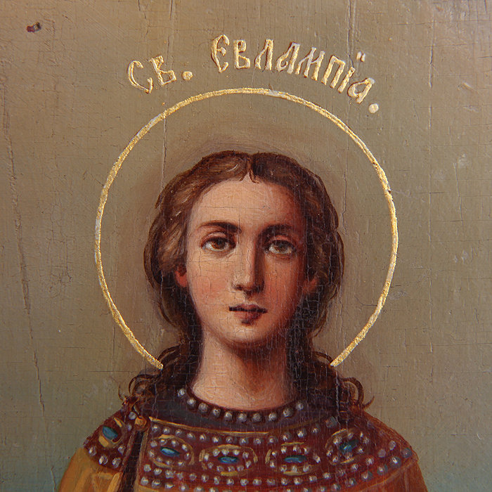 Старинная икона Святой Алексей Человек Божий, святая мученица Вера и святая Евлампия. Россия 1860-1880 год