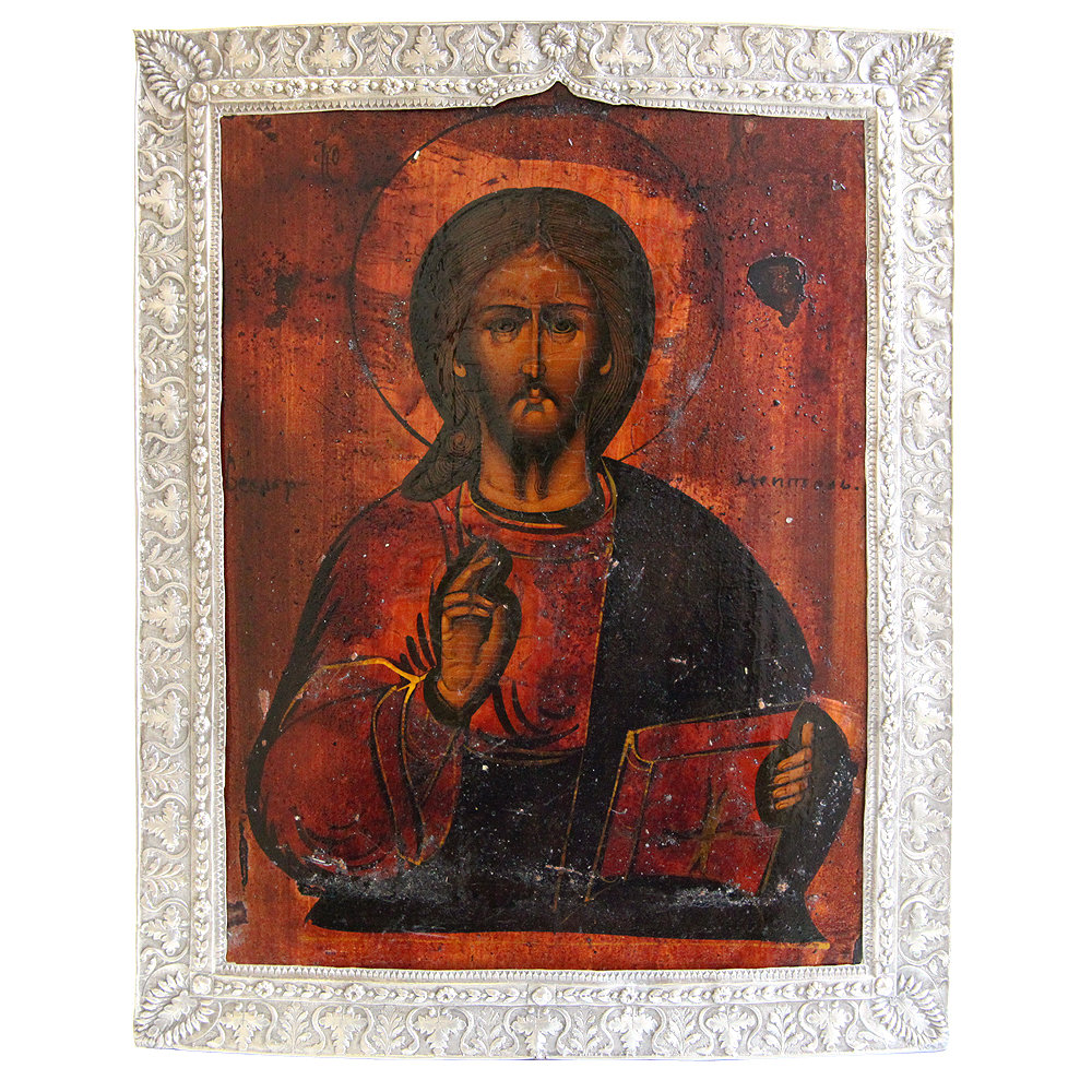 Старинная икона Господь Вседержитель в тонкой рамке. Россия 1890-1900 год
