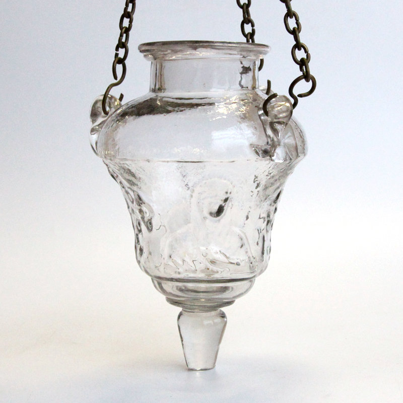 Подвесная старинная лампада с Богородицей и Вседержителем, из прозрачного стекла. Россия 1890-1917 год