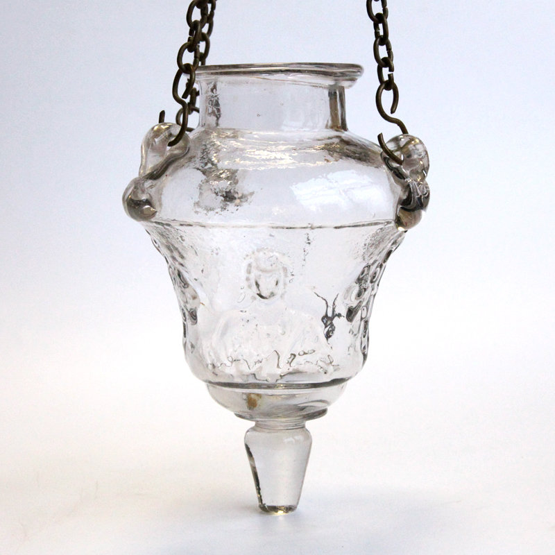 Подвесная старинная лампада с Богородицей и Вседержителем, из прозрачного стекла. Россия 1890-1917 год