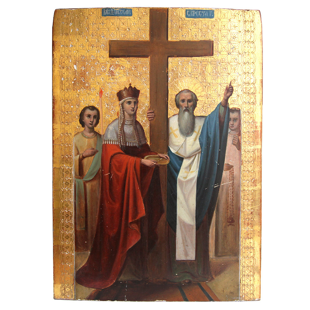 Старинная икона Воздвижение Честнаго и Животворящего Креста Господня со Святой Еленой и Макарием. Россия 1850-1870 год