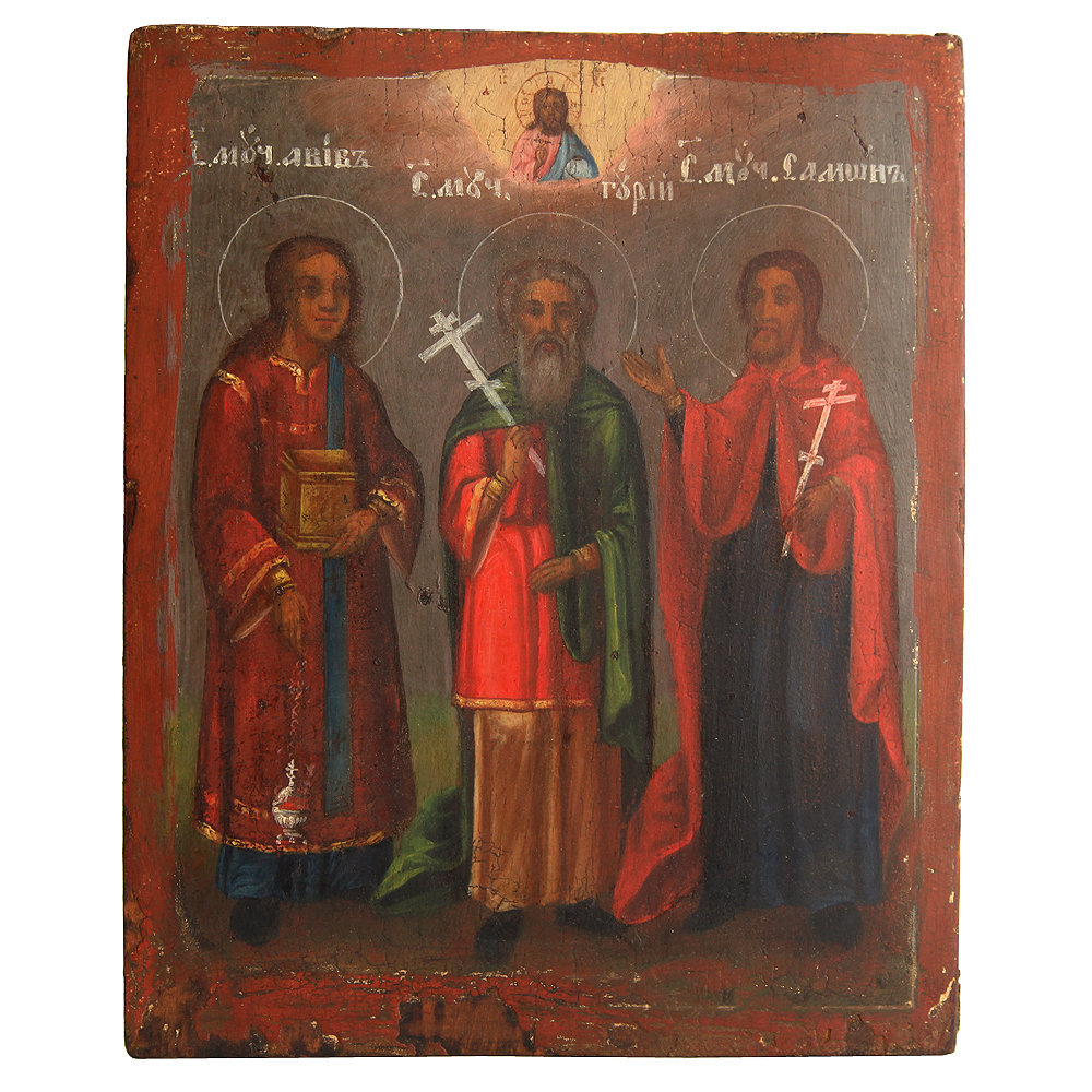 Икона покровителей счастливой семьи Святые Гурий, Самон и Авив. Россия 1880-1900 год