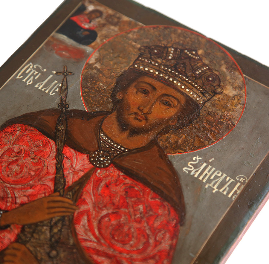 Старинная икона Святой благоверный князь Александр Невский, покровитель сотрудников ФСБ и ДОСААФ. Россия XIX век.