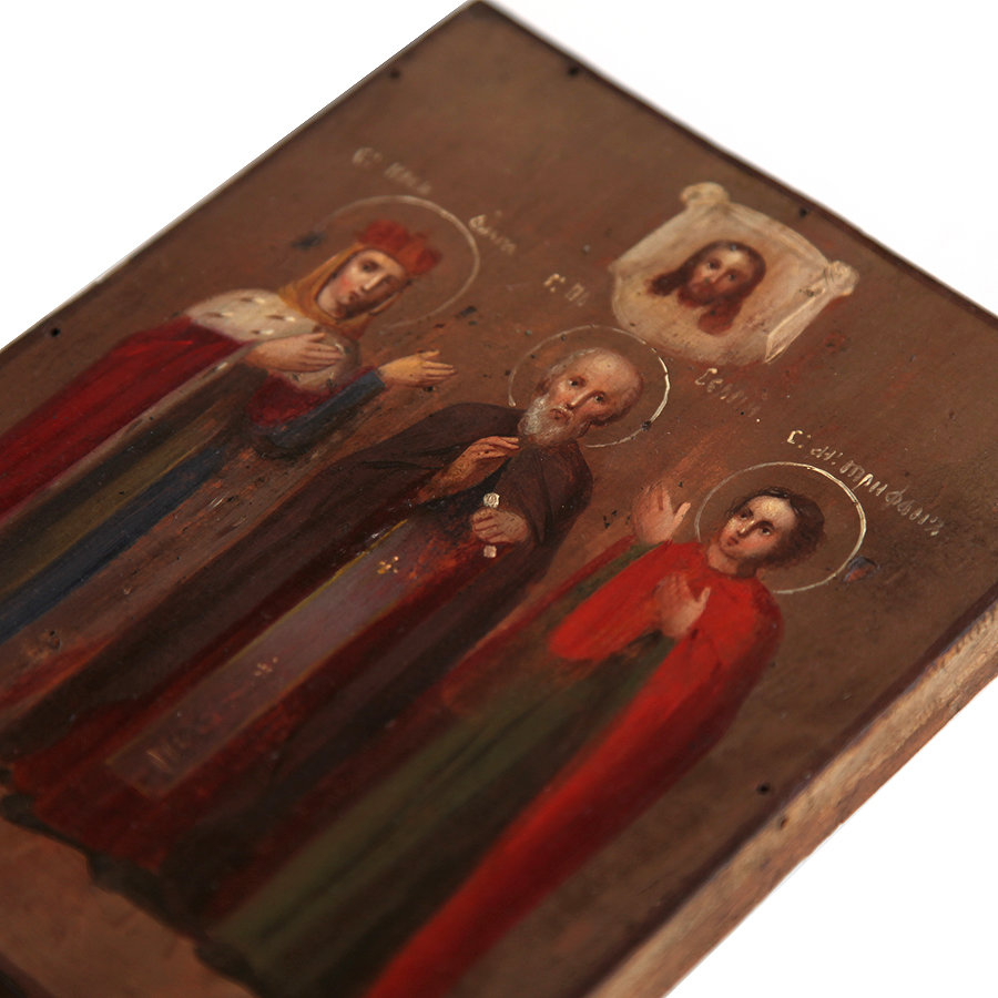 Старинная икона Святая Княгиня Ольга, Святой Сергий Радонежский и Святой Трифон. Россия XIX век.
