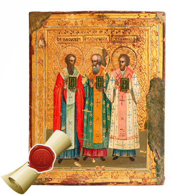 Старинная икона на золоте Три Вселенских Учителя и Святителя Вселенских. Россия 1850-1870 год