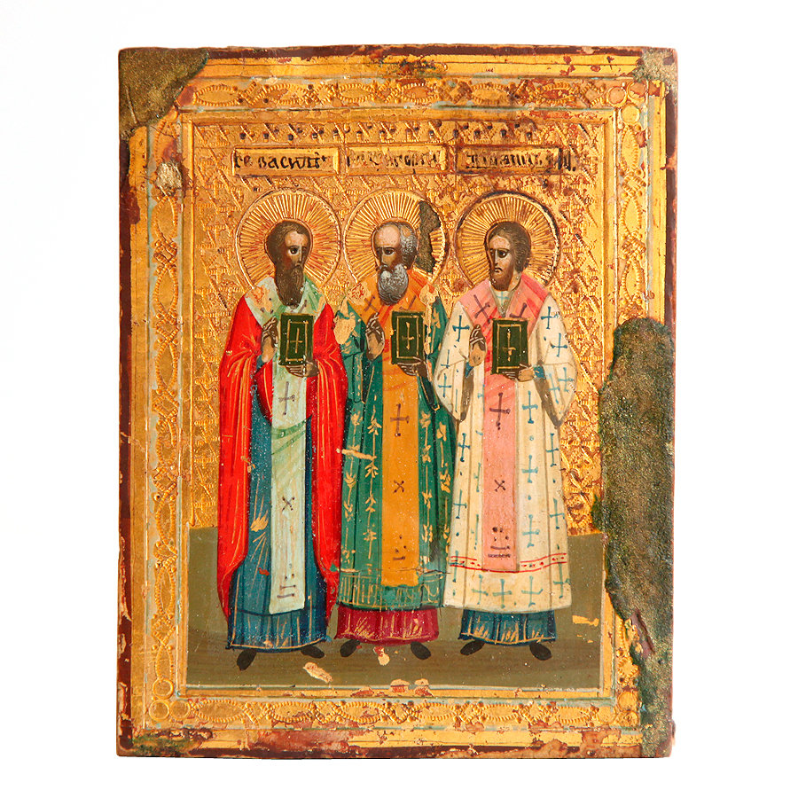 Старинная икона на золоте Три Вселенских Учителя и Святителя Вселенских. Россия 1850-1870 год