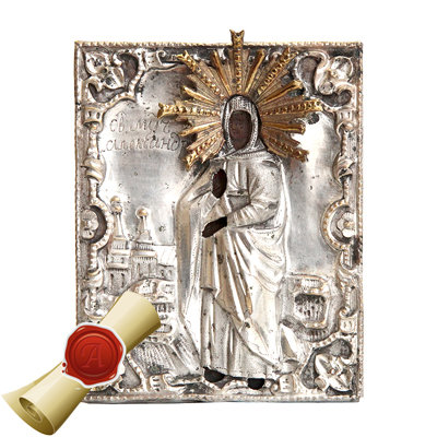 Старинная икона Святая Царица Александра Римская, в посеребренном окладе. Россия 1860-1870 год