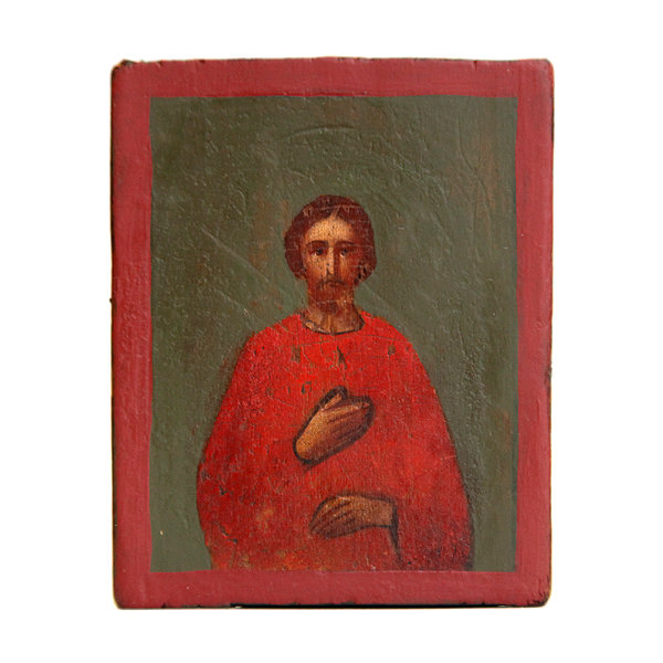 Старинная икона Святой благоверный князь Александр Невский в красной рубахе, «Не в силе Бог, а в правде». Россия 19 век.