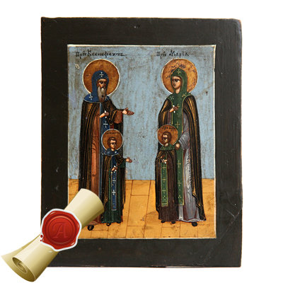 Старинная икона Святые Ксенофонт и Мария с сыновьями. Икона для поиска потеряных людей. Россия 1907 год