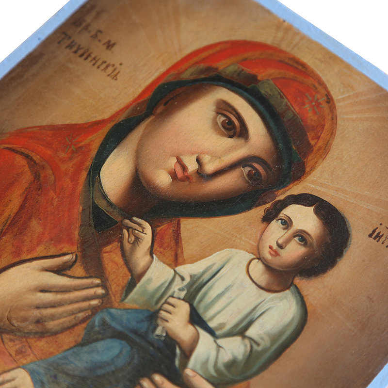 Старинная Тихвинская икона Божией Матери, покровительницы детей и целительницы при родах. Россия 1870-1900 год