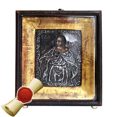 Старинная икона Святой Варвары в серебряном окладе. Россия, Санкт-Петербург 1833-1841 год