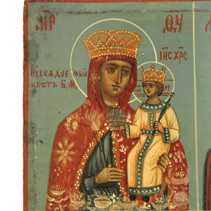 Старинная четырехчастная икона для молодой девушки. Избранные покровители. Россия 1850-1860 год