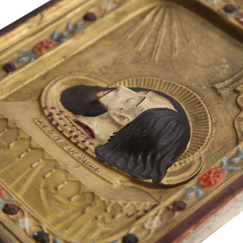 Старинная икона-барельеф Святая Глава Иоанна Крестителя, целительная икона. Святая Земля 1880-1899 год